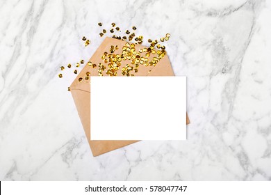 Empty Card With Envelope And Gold Confetti. Mockup Template. View From Above