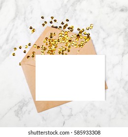 Empty Card With Envelope And Gold Confetti. Mockup Template. View From Above