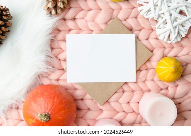 Empty Card With Envelope On Merino Wool Throw Blanket Background. Mockup Template Flat Lay. View From Above