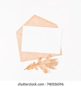 Empty Card And Kraft  Envelope. Beautiful Autumn Mock Up. Flat Lay, Top View