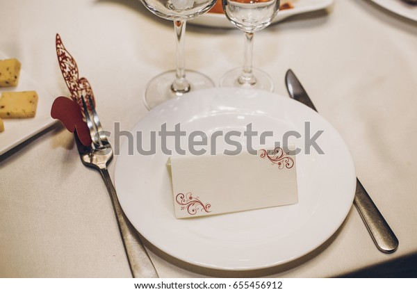 Empty Card On Plate On Table Stock Photo Edit Now 655456912