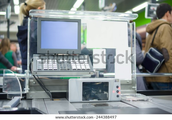 Empty Cash Desk Computer Terminal Supermarket Stockfoto Jetzt