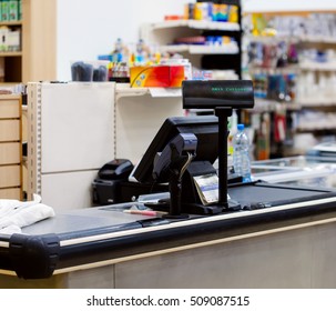 Empty Cash Desk With Terminal In Supermarket