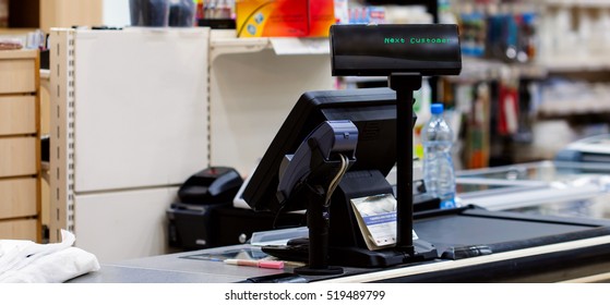 Empty Cash Desk With Terminal In Supermarket