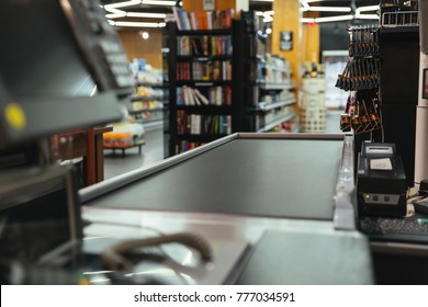 Empty cashier checkout place at the supermarket