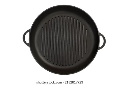 Empty cast iron grill frying pan isolated on white background with clipping path. Top view. - Shutterstock ID 2132817923