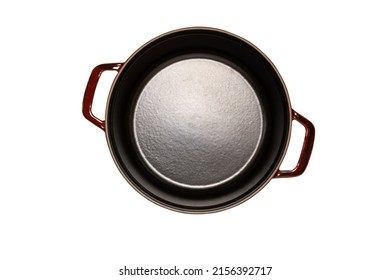 Empty Cast Iron Pot Top View, Isolated On White Background