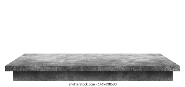 Empty Cement Table With Stone Pattern Isolated On Pure White Background. Concrete Desk And Shelf Display Board With Perspective Floor.