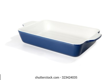 Empty Ceramic Blue Baking Casserole Dish Isolated On White Background