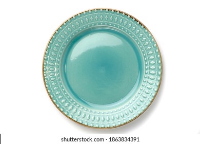 empty ceramic plate of delicate bed aquamarine turquoise color with a gold border isolated on a white background, blank for the designer, flat ley - Shutterstock ID 1863834391