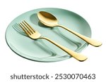 Empty ceramic plate with Spoon and fork, Classic green-blue plate, isolated on white background with clipping path, Side view                                   