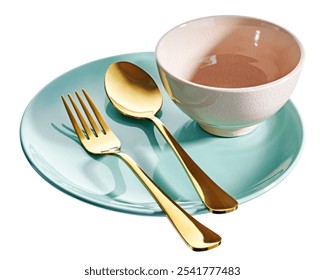 Empty ceramic plate with Spoon and fork, Classic green-blue plate, isolated on white background with clipping path, Side view                                        