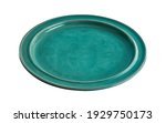 Empty ceramics plates, Classic blue plate isolated on white background with clipping path, Side view 