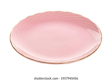 Empty ceramics plates, Pink plate  with spiral pattern, isolated on white background with clipping path, Side view
