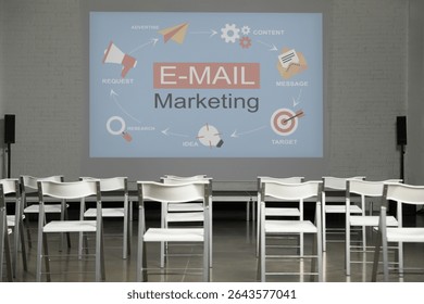Empty chairs in front of projection screen with E-mail marketing scheme in conference room