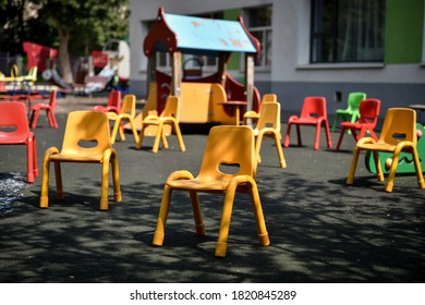 Empty chairs inside a kinder garden play zone, maintaining social distance as a measure during the COVID 19 pandemic