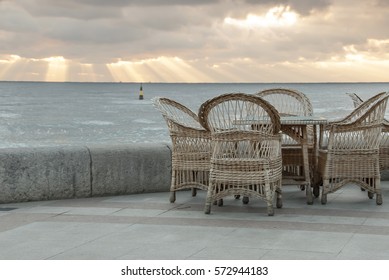 Empty Chairs At Seafront In Winter Yalta, Crimea, Ukraine.