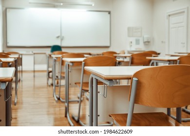 Empty Chairs And Tables In Classroom  No People In School Classroom 