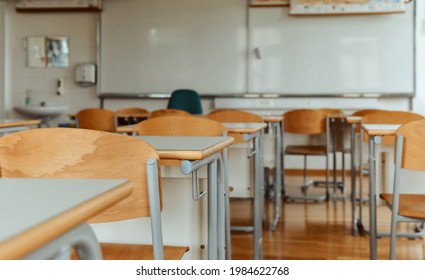 Empty Chairs And Tables In Classroom  No People In School Classroom 