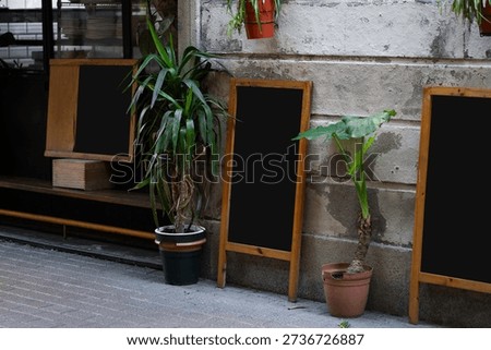 Empty chalkboards with wooden frames lining a sidewalk cafe, offering customizable space for special offers and promotions in an outdoor urban setting
