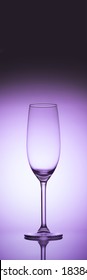 Empty Champagne Glass On Purple Background. Luxury Drink Glass In Purple Lights, Banner