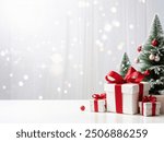 Empty of Christmas Blurred on Background. Blank Christmas. Gifts. Christmas Trees. Product Mockup. Copy space.