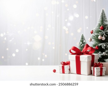 Empty of Christmas Blurred on Background. Blank Christmas. Gifts. Christmas Trees. Product Mockup. Copy space. - Powered by Shutterstock