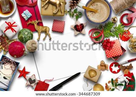 empty Christmas card, collection, gifts and decorative ornaments, on white background. photographic montage