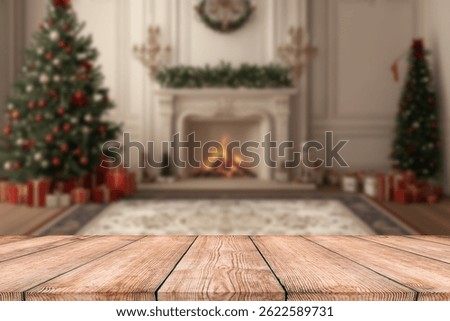 Empty christmas table background with christmas tree out of focus for product display montage