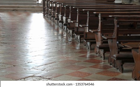 Empty Church Bench Also Called Wooden Pew Without People