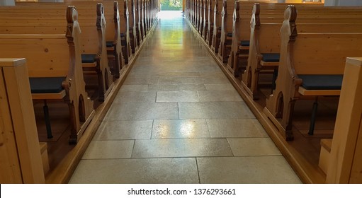 Empty Church Bench Also Called Wooden Pew Without People