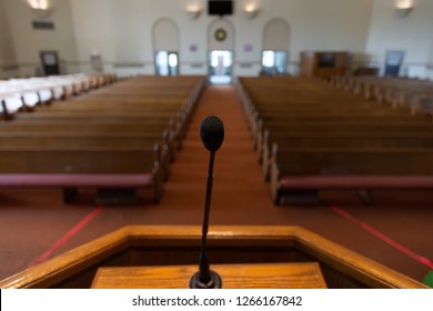 empty church sanctuary view from the pulpit and microphone - Shutterstock ID 1266167842