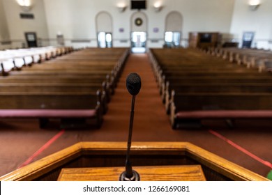 Empty Church Sanctuary View From The Pulpit And Microphone