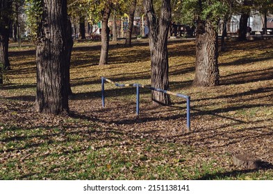 An Empty City Autumn Park. A Children's Playground With Swings In The Background. Leafy Season. No People. A Sunny Autumn Day.