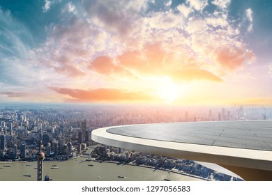Empty city building platform and skyline with buildings in Shanghai,China