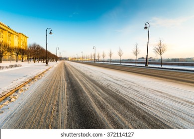 Empty City Embankment In Winter Day. View From The Road 
