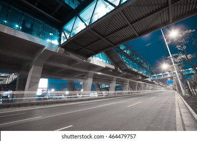 Empty City Road Surface Floor With Viaduct Bridge Of Night Scene