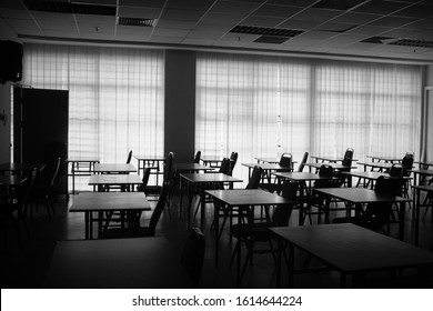 Empty Classroom During Semester Break In Black And White