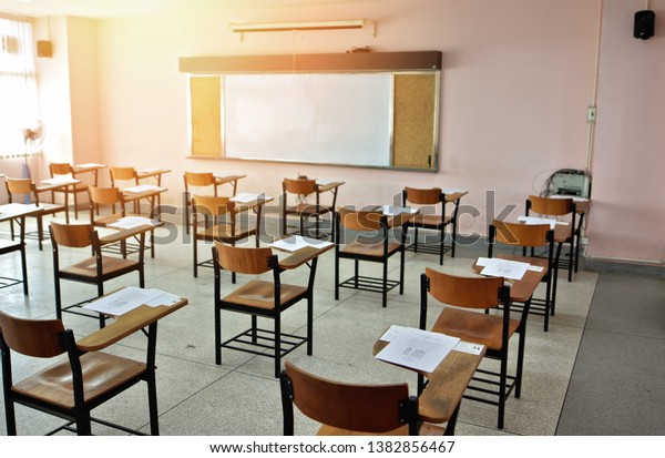 Empty Classroom Examination Room Test Papers Stock Photo