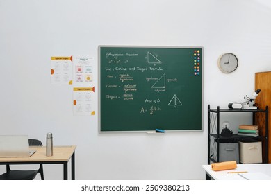 Empty Classroom with Geometry Equations on Chalkboard