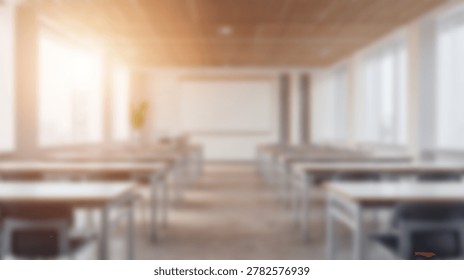 An empty classroom interior features rows of wooden desks and chairs, a whiteboard at the front, and large windows allowing natural light.