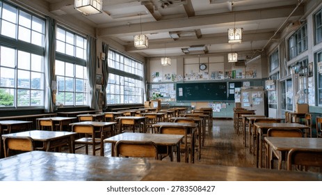 An empty classroom interior featuring rows of wooden desks and chairs, large windows letting in natural light, and a blackboard at the front.