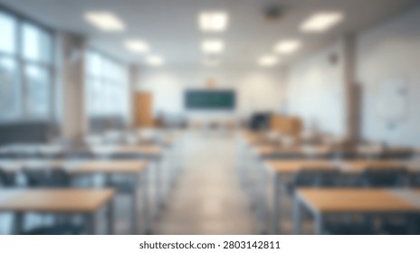 An empty classroom interior with rows of desks and chairs, a blackboard at the front, and large windows letting in natural light.
