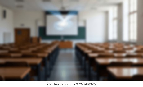 Empty Classroom Ready for Learning Seats with Projector, and Blackboard.