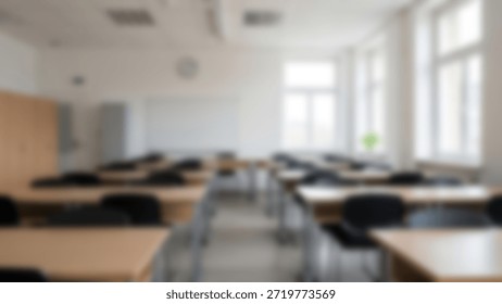Empty Classroom Rows Awaiting Students with Bright Natural Light Fills Room.