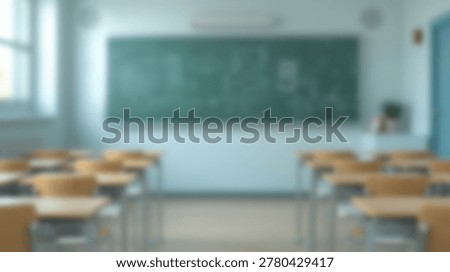 An empty classroom with rows of desks, a blackboard, and natural light, ready for students and teachers to begin the school day.