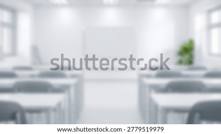 An empty classroom with rows of desks and chairs, ready for students and learning. The room is bright and airy, with natural light and a clean, minimalist aesthetic.