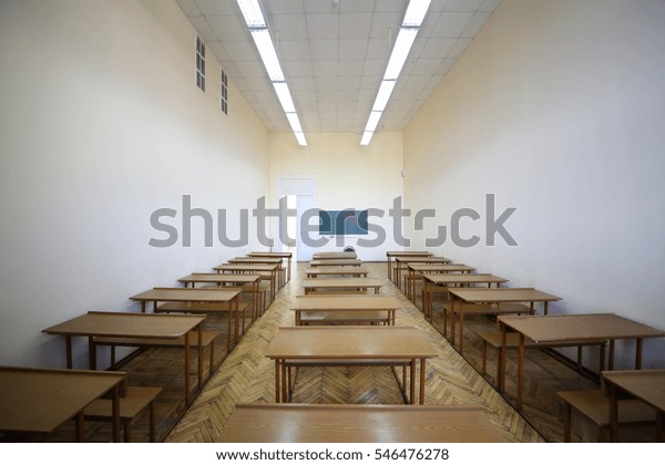 Empty Classroom Rows Wooden Tables Students Stock Photo 546476278 ...