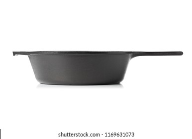 Empty, Clean Black Cast Iron Pan Or Dutch Oven Side View Over White Background