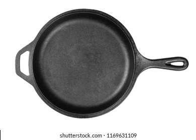 Empty, Clean Black Cast Iron Pan Or Dutch Oven Top View From Above Over White Background